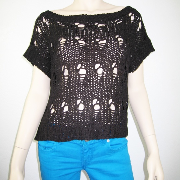 EXPRESS Pointelle Pitch Boat Neck Crochet Top - Picture 2 of 2